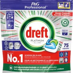 Boîte de 75 capsules Tablette Dreft Platinum pour lave-vaisselle – packaging vert et argent