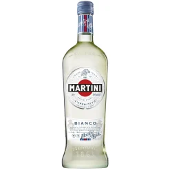 Bouteille de Martini Bianco 1L devant un décor évoquant le Monte Bianco