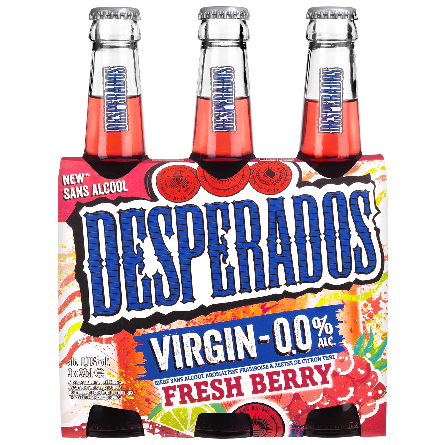 Desperados sans alcool 3x33cl – Bière sans alcool au goût unique de tequila Pack de 3 bouteilles de 33cl Desperados sans alcool – bière aromatisée au goût tequila sans alcool
