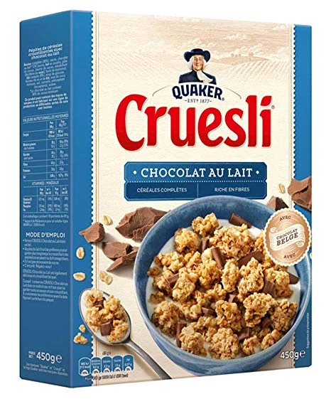 Cruesli Chocolat Lait Quaker 450g – Céréales croustillantes et gourmandes Cruesli chocolat lait Quaker 450g – paquet de céréales croustillantes au chocolat au lait