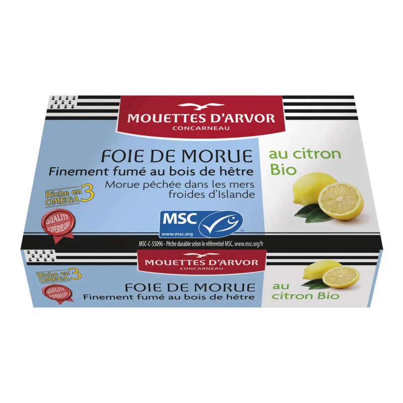 3365624014008.webp Foie morue fumé citron bio 120g LES MOUETTES D'ARVOR – produit de la mer MSC