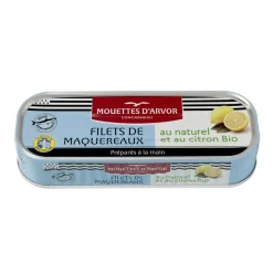 Filet maquereaux naturel citron bio 160g LES MOUETTES D'ARMOR – conserve de poisson bio avec morceaux de maquereaux au citron