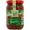 Sauce tomate basilic bio 200g JARDIN BIO – bocal en verre avec étiquette verte et ingrédients naturels