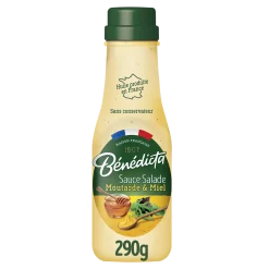 Bouteille de Sauce moutarde miel Benedicta posée sur une table avec des ingrédients frais