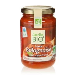 Sauce bolognaise bio 350g au bœuf bio Jardin Bio – bocal de sauce tomate cuisinée aux légumes et viande bio