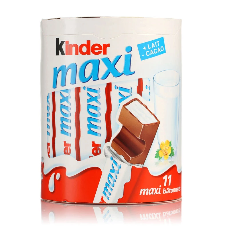 Kinder Maxi X11 231g – Chocolat au lait fourré au bon lait Barres chocolatées Kinder Maxi X11 231g – paquet de 11 barres de chocolat au lait fourrées au lait tendre
