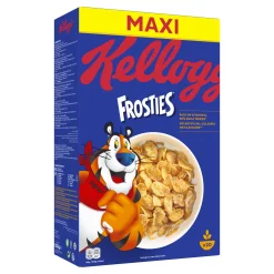 Boîte de Céréales Frosties 620g Kellogg's posée sur une table de petit-déjeuner