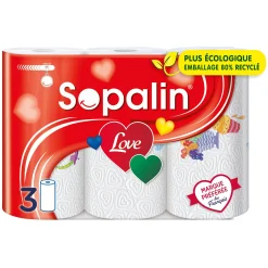 Sopalin Love 3 voiles – rouleaux d’essuie-tout absorbants et résistants pour un usage quotidien