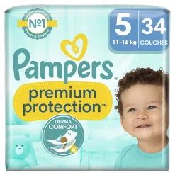 Couches Pampers Taille 5 Premium Protection – paquet de 34 couches pour bébés de 11 à 16 kg