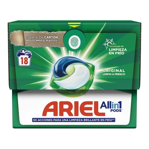 Pods ARIEL Original Tout-en-1 – 18 Lavages de performance et de fraîcheur Boîte de 18 Pods ARIEL Original Tout-en-1 – capsules de lessive efficaces et faciles à utiliser