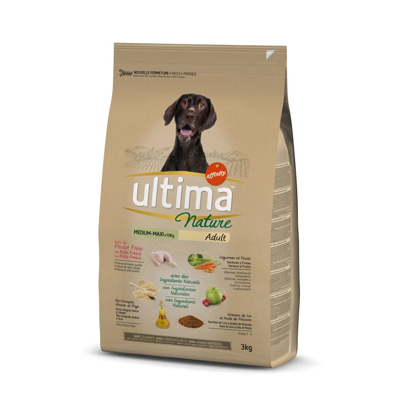 Croquettes pour chien adulte Ultima 3kg poulet et riz – sachet de croquettes en vue frontale
