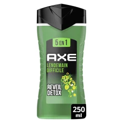 Gel douche homme 5en1 – flacon bleu sur fond neutre illustrant ses propriétés nettoyantes