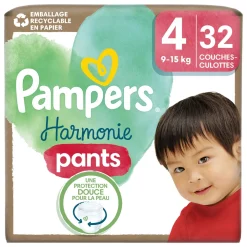 Couches Harmonie Pants T4 Pampers – pack de 32 culottes absorbantes pour bébé de 9 à 15 kg